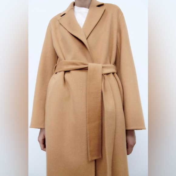 Zara coat wool blend oversized long camel belted rope trench coat - Picture 7 of 10